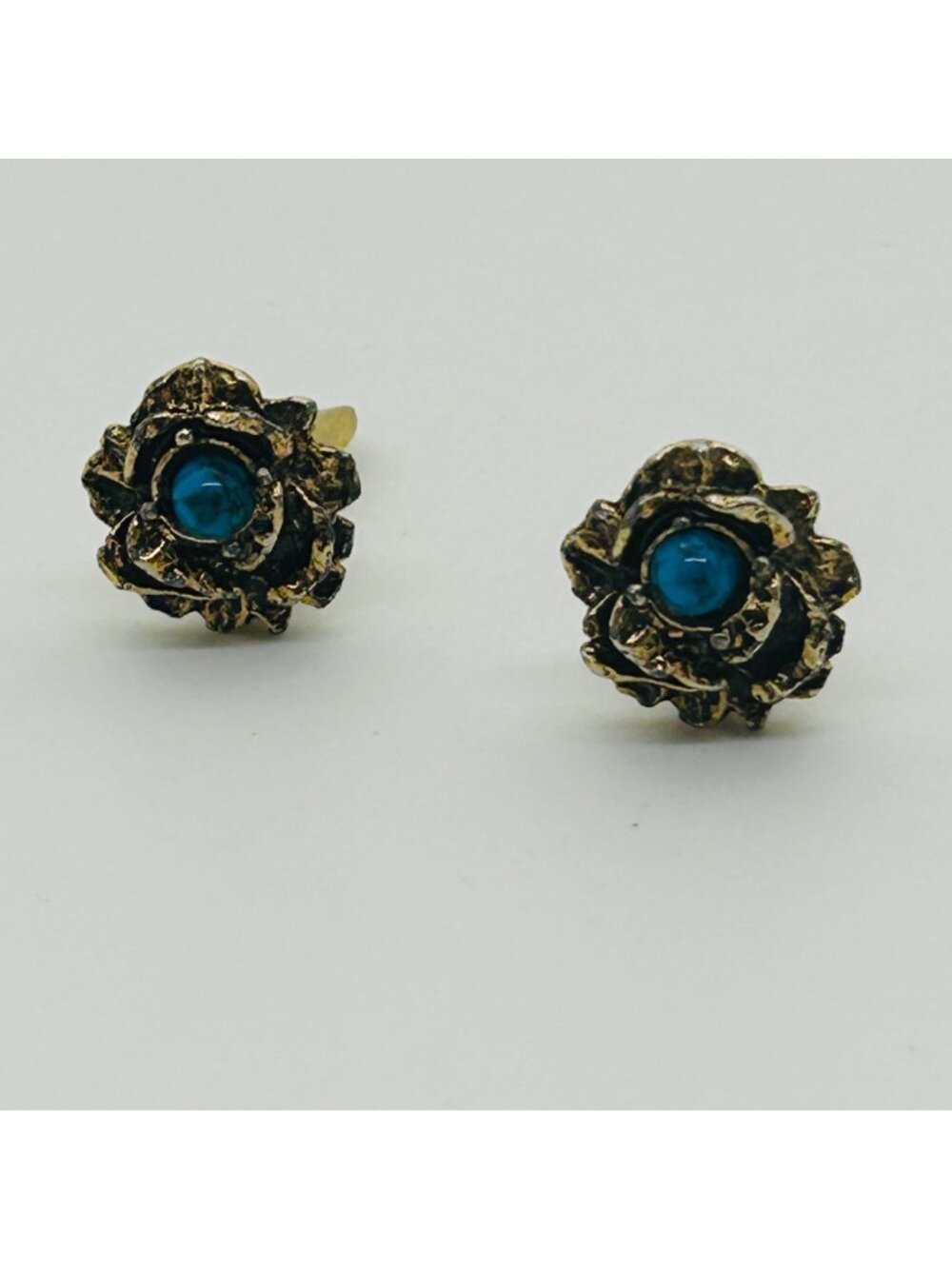 Brutalist Rose Clip-On Earrings With Blue Cabochon Floral Vintage